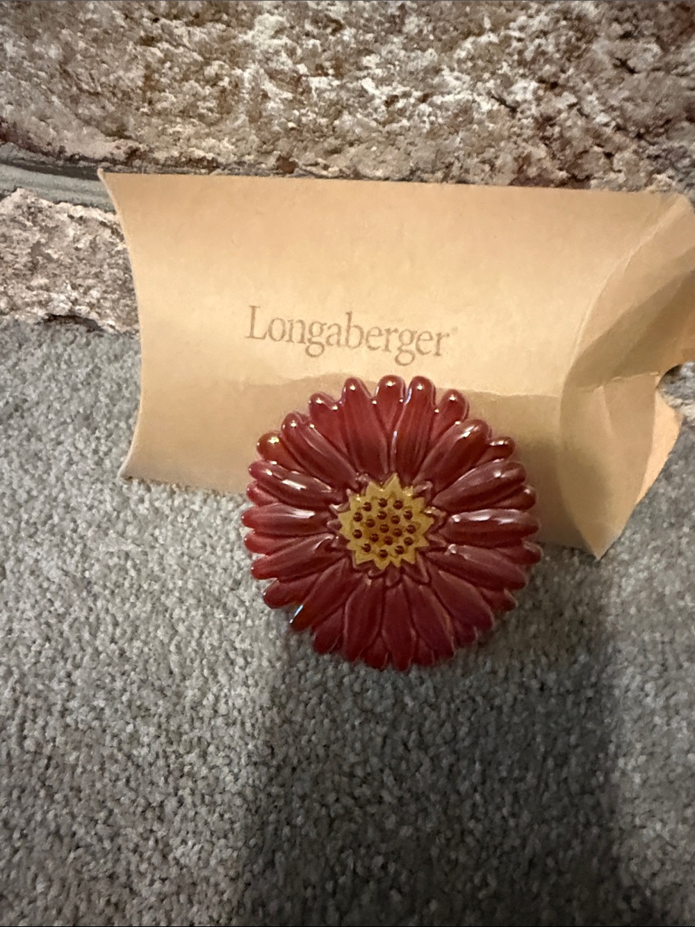 Longaberger Burgundy Ceramic Flower Accent mirror with Yellow Center